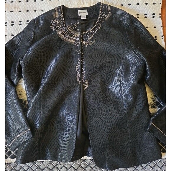 Chicos 1 Women’s Evening Jacket Open Black Velvet Flocked Rhinestone Beaded L/XL - Picture 2 of 8
